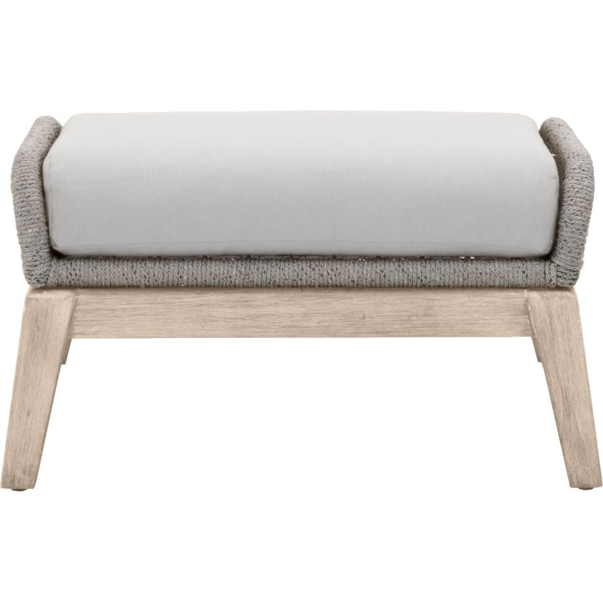Loom Footstool by Essentials For Living in gray teak, taupe, white flat rope, performance pumice. Made from solid teak wood, aluminum, 100% polyolefin rope, 100% olefin fabric, foam in a coastal style.