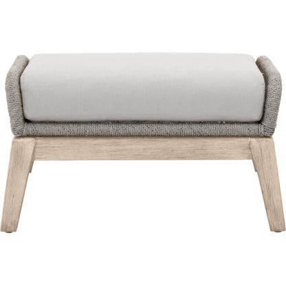 Loom Footstool by Essentials For Living in gray teak, taupe, white flat rope, performance pumice. Made from solid teak wood, aluminum, 100% polyolefin rope, 100% olefin fabric, foam in a coastal style.
