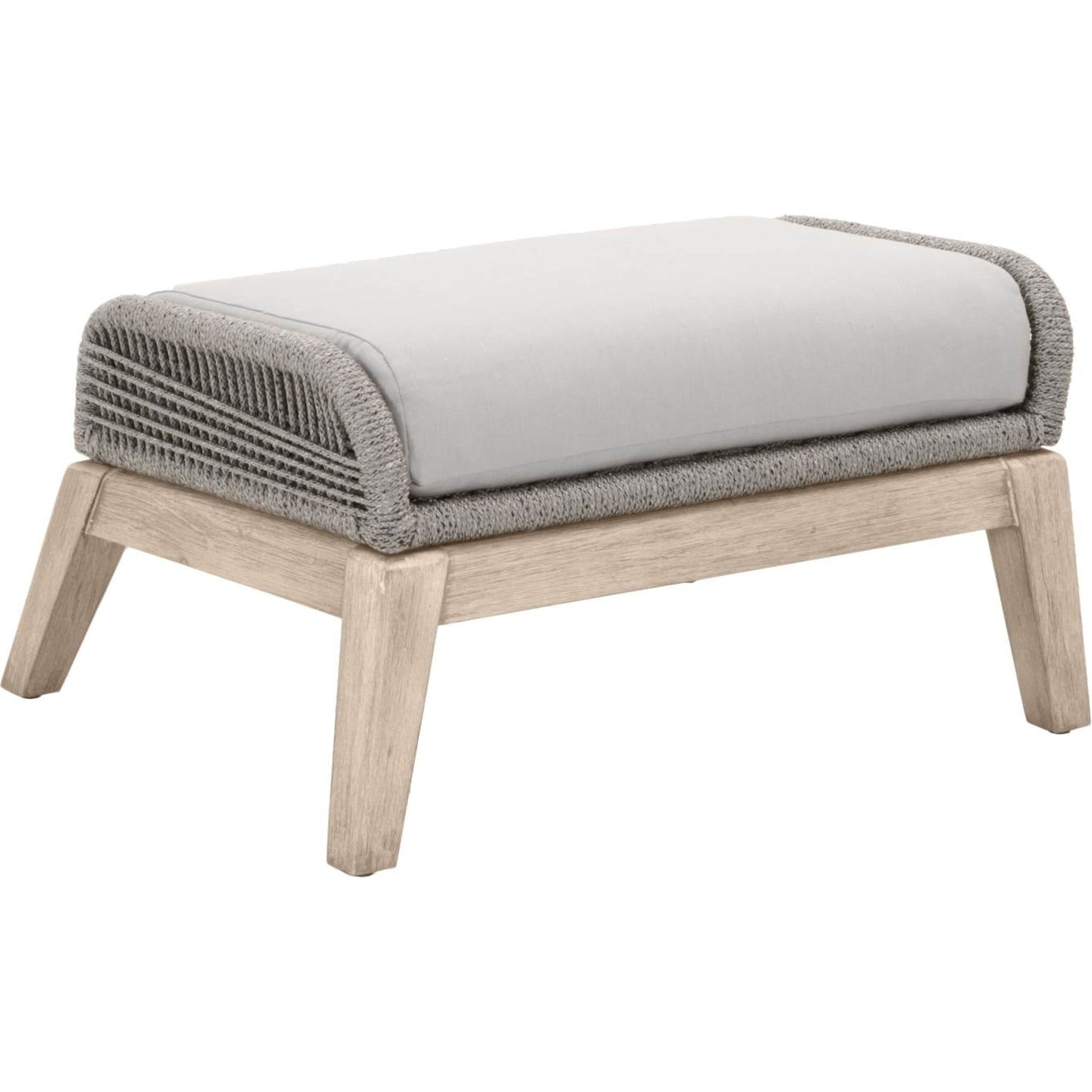 Loom Footstool by Essentials For Living in gray teak, taupe, white flat rope, performance pumice. Made from solid teak wood, aluminum, 100% polyolefin rope, 100% olefin fabric, foam in a coastal style.