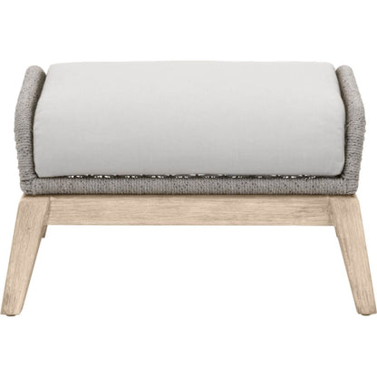 Loom Footstool by Essentials For Living in gray teak, taupe, white flat rope, performance pumice. Made from solid teak wood, aluminum, 100% polyolefin rope, 100% olefin fabric, foam in a coastal style.