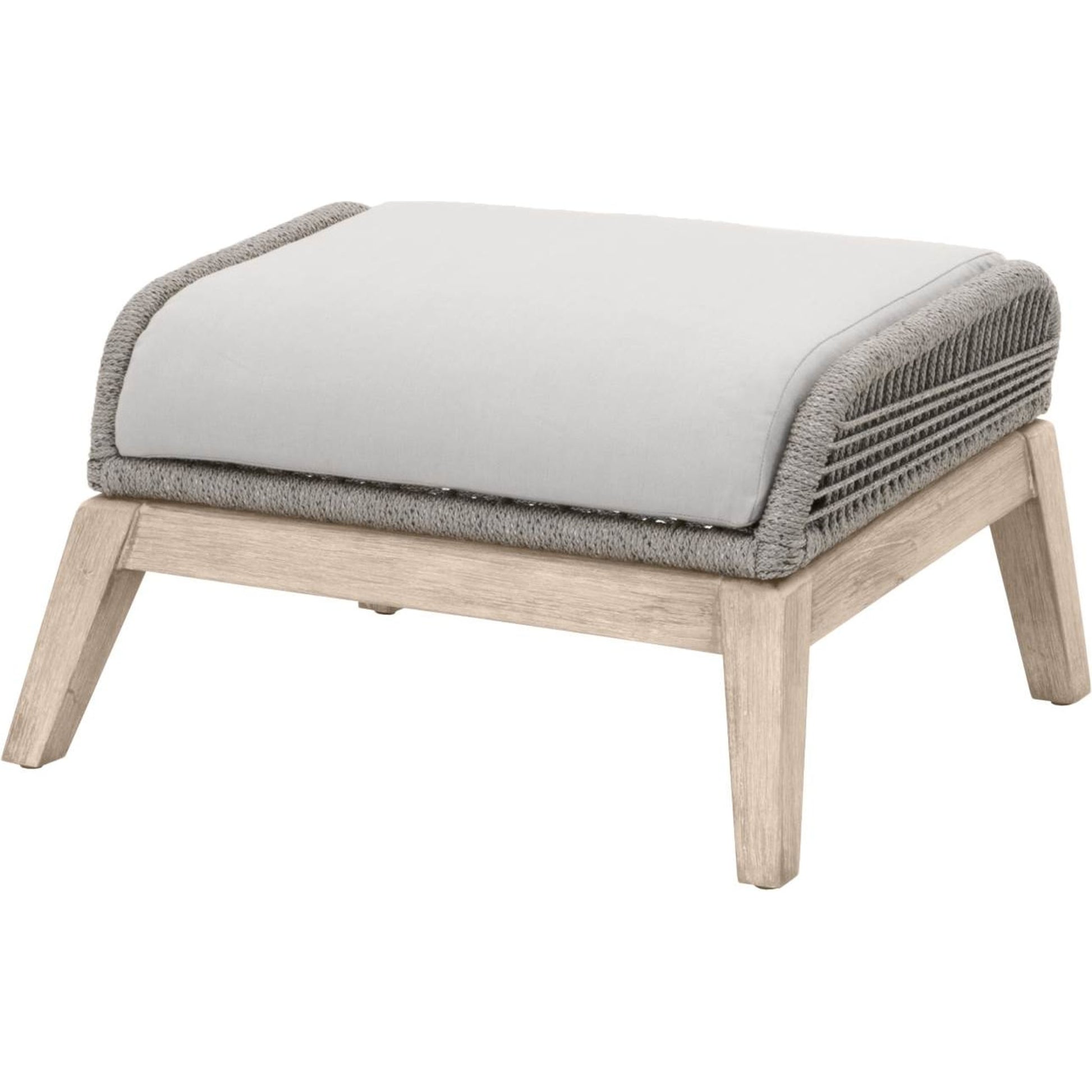 Loom Footstool by Essentials For Living in gray teak, taupe, white flat rope, performance pumice. Made from solid teak wood, aluminum, 100% polyolefin rope, 100% olefin fabric, foam in a coastal style.