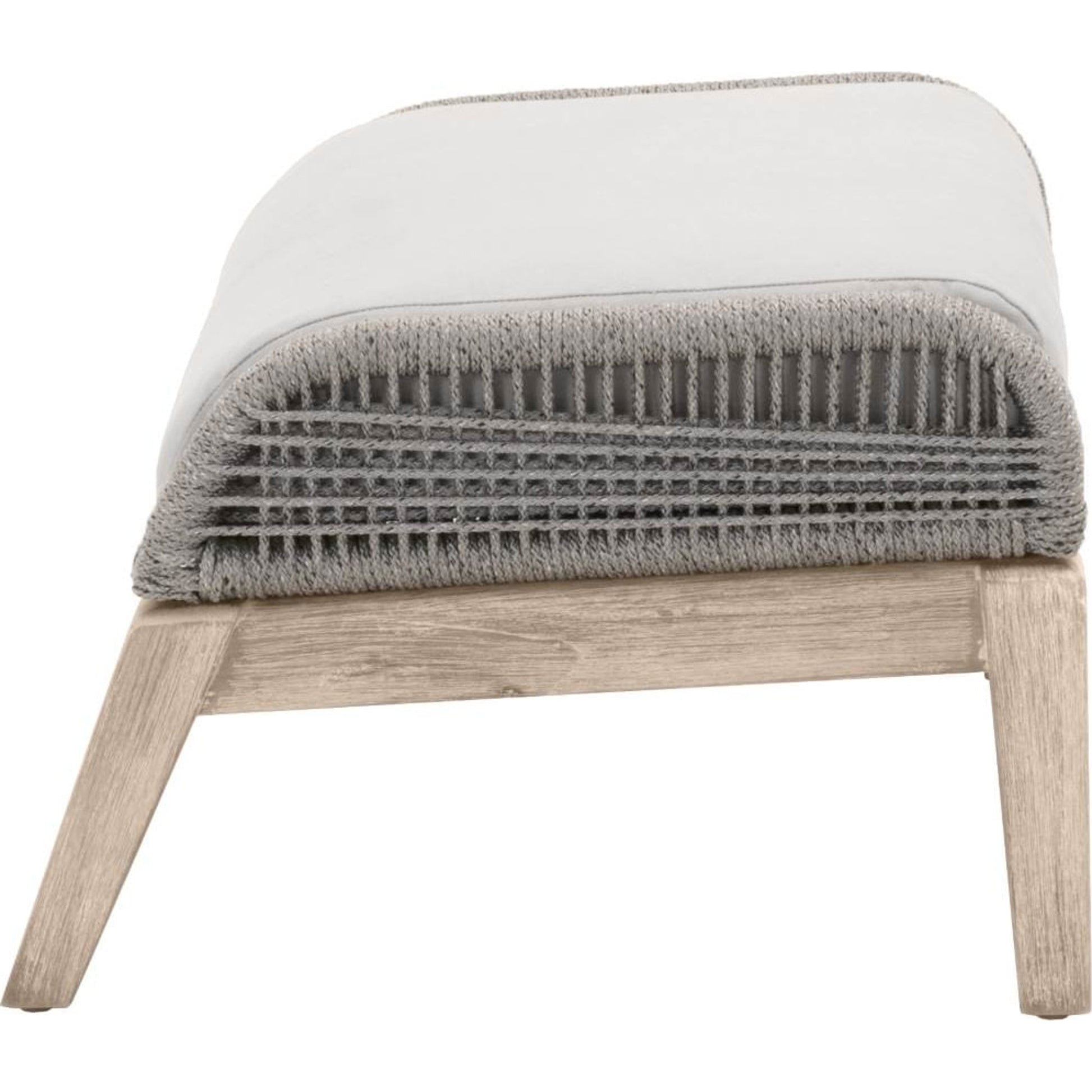 Loom Footstool by Essentials For Living in gray teak, taupe, white flat rope, performance pumice. Made from solid teak wood, aluminum, 100% polyolefin rope, 100% olefin fabric, foam in a coastal style.