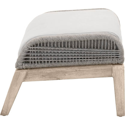 Loom Footstool by Essentials For Living in gray teak, taupe, white flat rope, performance pumice. Made from solid teak wood, aluminum, 100% polyolefin rope, 100% olefin fabric, foam in a coastal style.