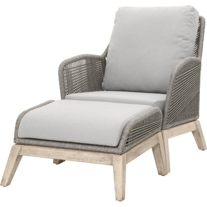 Loom Footstool by Essentials For Living in gray teak, taupe, white flat rope, performance pumice. Made from solid teak wood, aluminum, 100% polyolefin rope, 100% olefin fabric, foam in a coastal style.