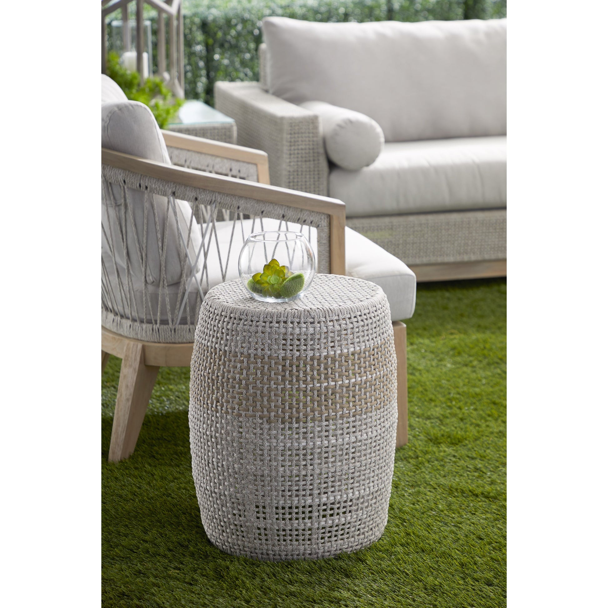 Loom Accent Table by Essentials For Living. Made from aluminum, 100% olefin rope in a coastal style.
