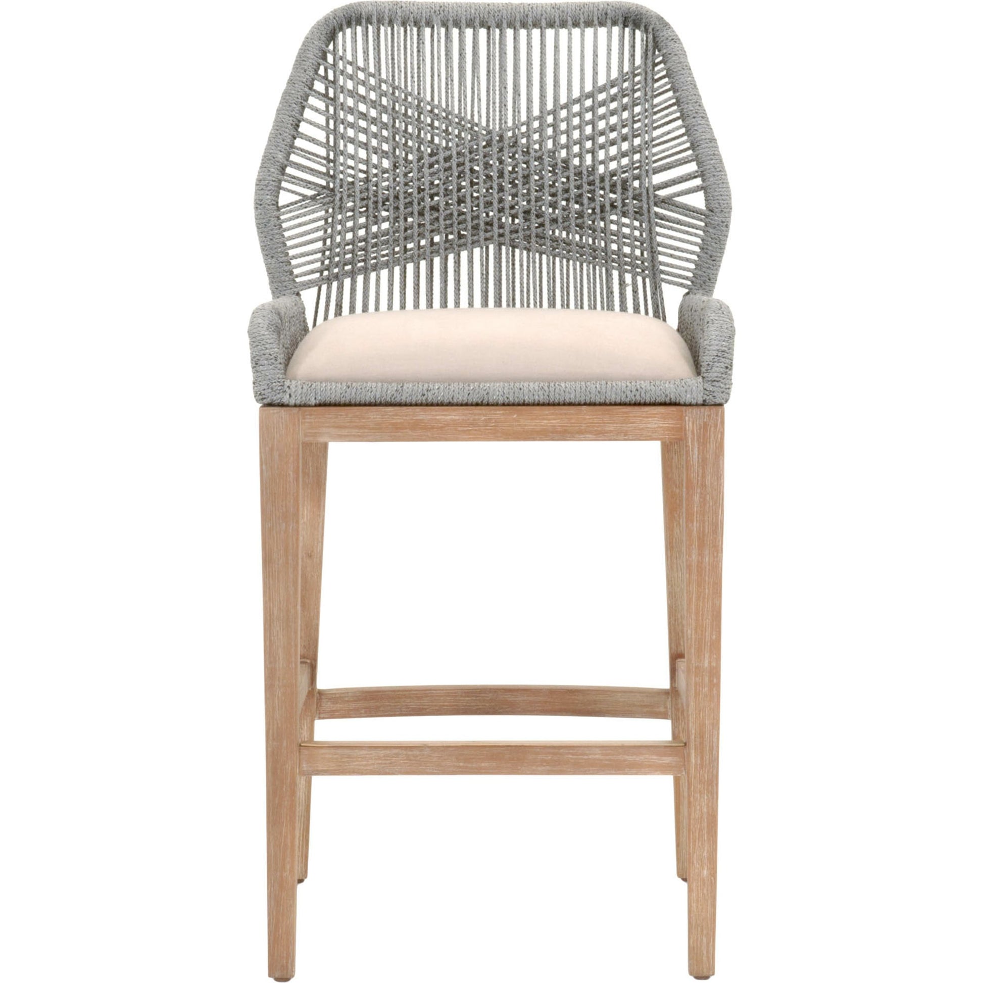 Loom Barstool by Essentials For Living in taupe, white flat rope, natural gray mahogany, pumice fabric. Made from solid mahogany, 100% olefin rope, 100% olefin fabric in a coastal style.