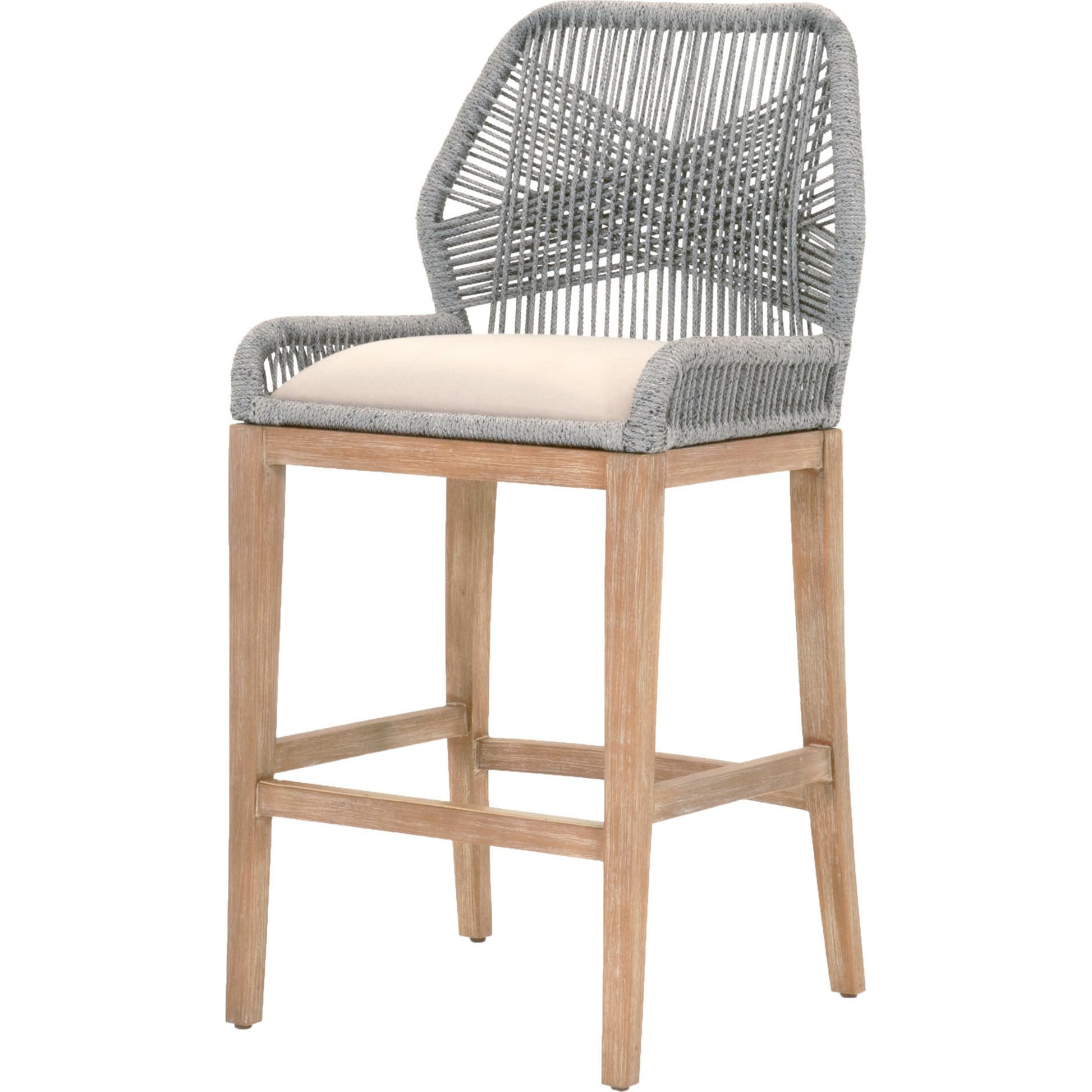 Loom Barstool by Essentials For Living in taupe, white flat rope, natural gray mahogany, pumice fabric. Made from solid mahogany, 100% olefin rope, 100% olefin fabric in a coastal style.