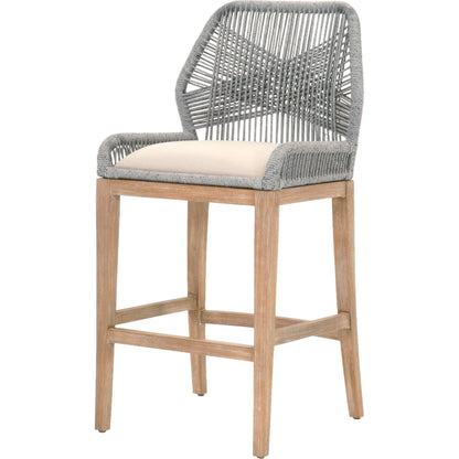 Loom Barstool by Essentials For Living in taupe, white flat rope, natural gray mahogany, pumice fabric. Made from solid mahogany, 100% olefin rope, 100% olefin fabric in a coastal style.