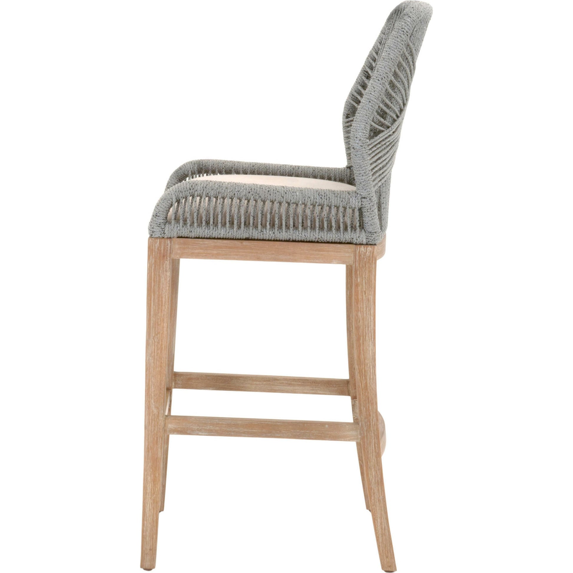 Loom Barstool by Essentials For Living in taupe, white flat rope, natural gray mahogany, pumice fabric. Made from solid mahogany, 100% olefin rope, 100% olefin fabric in a coastal style.