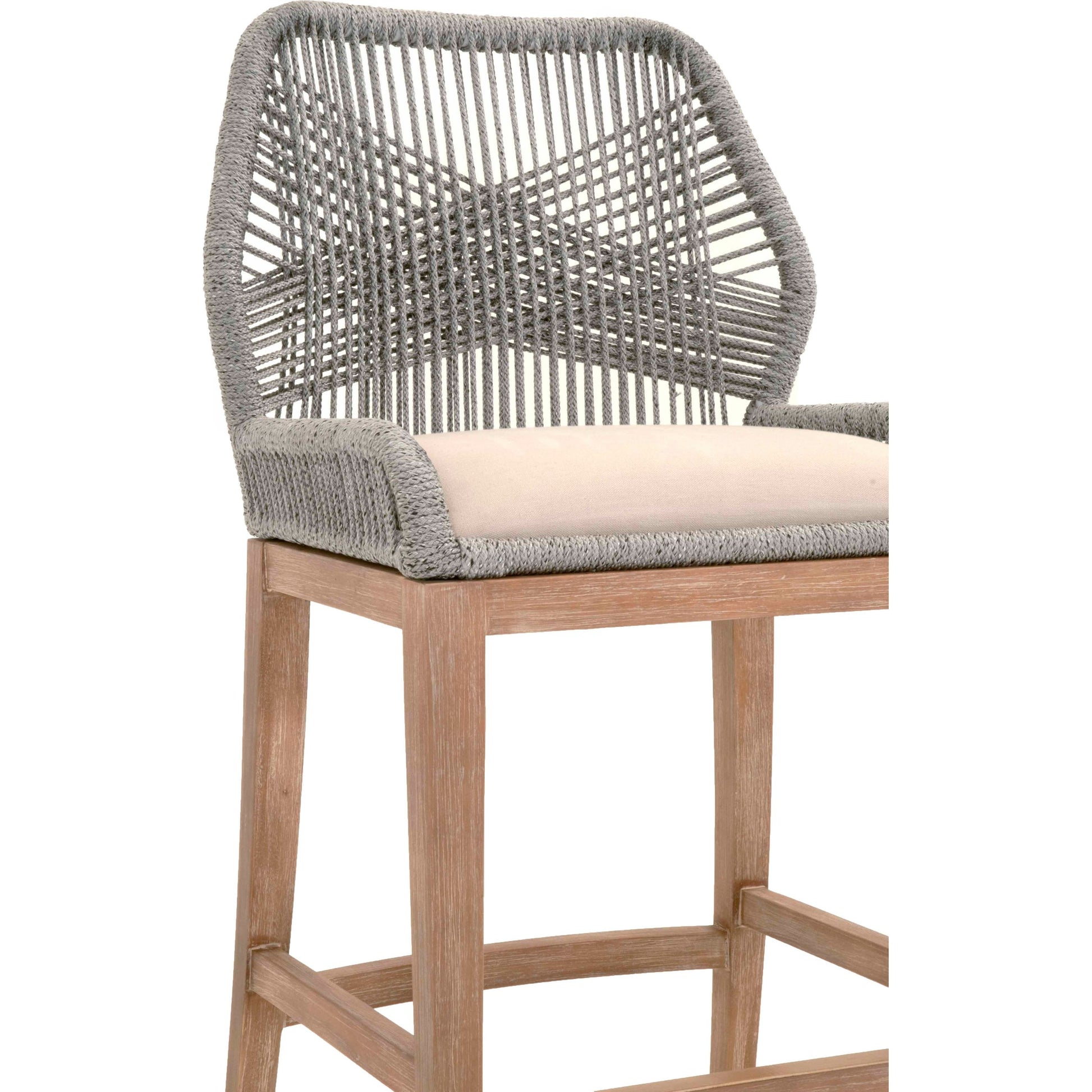 Loom Barstool by Essentials For Living in taupe, white flat rope, natural gray mahogany, pumice fabric. Made from solid mahogany, 100% olefin rope, 100% olefin fabric in a coastal style.
