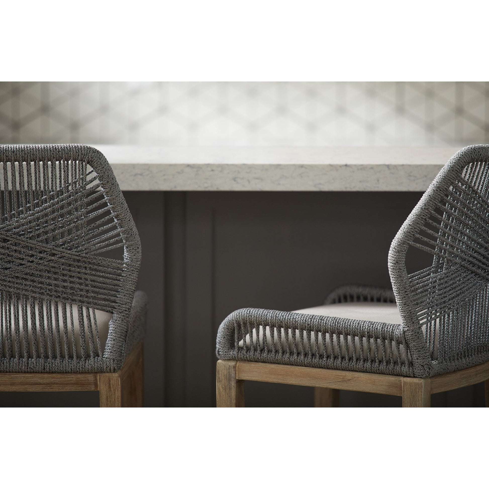 Loom Barstool by Essentials For Living in taupe, white flat rope, natural gray mahogany, pumice fabric. Made from solid mahogany, 100% olefin rope, 100% olefin fabric in a coastal style.