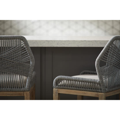 Loom Barstool by Essentials For Living in taupe, white flat rope, natural gray mahogany, pumice fabric. Made from solid mahogany, 100% olefin rope, 100% olefin fabric in a coastal style.