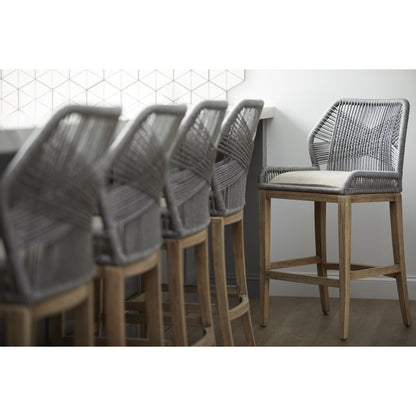Loom Barstool by Essentials For Living in taupe, white flat rope, natural gray mahogany, pumice fabric. Made from solid mahogany, 100% olefin rope, 100% olefin fabric in a coastal style.