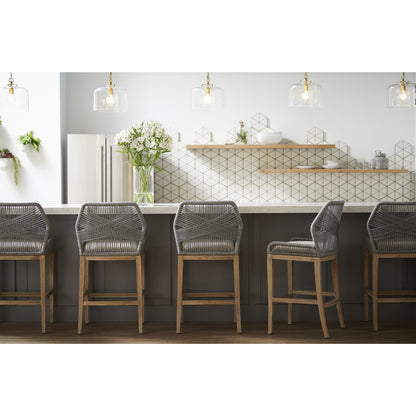 Loom Barstool by Essentials For Living in taupe, white flat rope, natural gray mahogany, pumice fabric. Made from solid mahogany, 100% olefin rope, 100% olefin fabric in a coastal style.