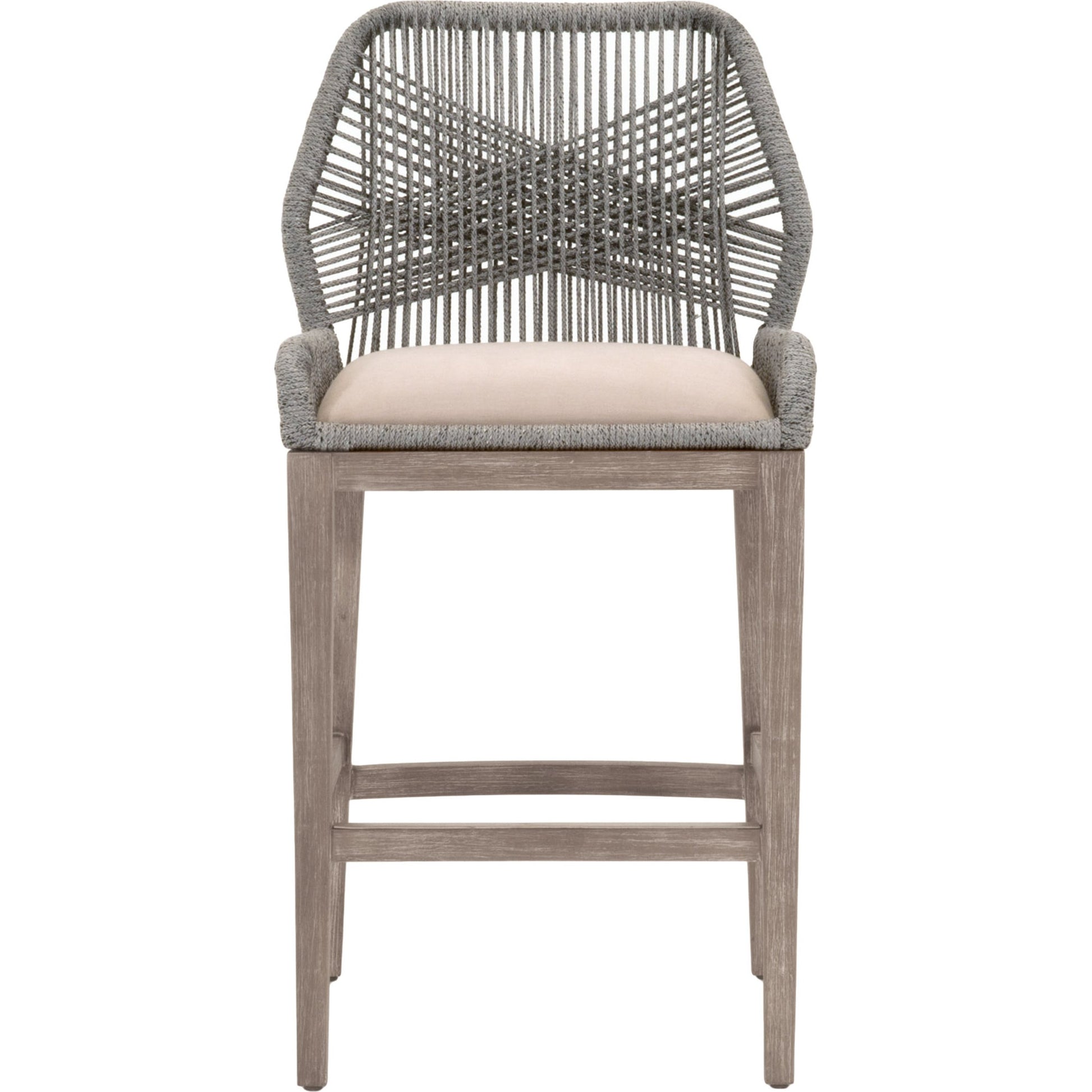 Loom Barstool by Essentials For Living in taupe, white flat rope, natural gray mahogany, pumice fabric. Made from solid mahogany, 100% olefin rope, 100% olefin fabric in a coastal style.