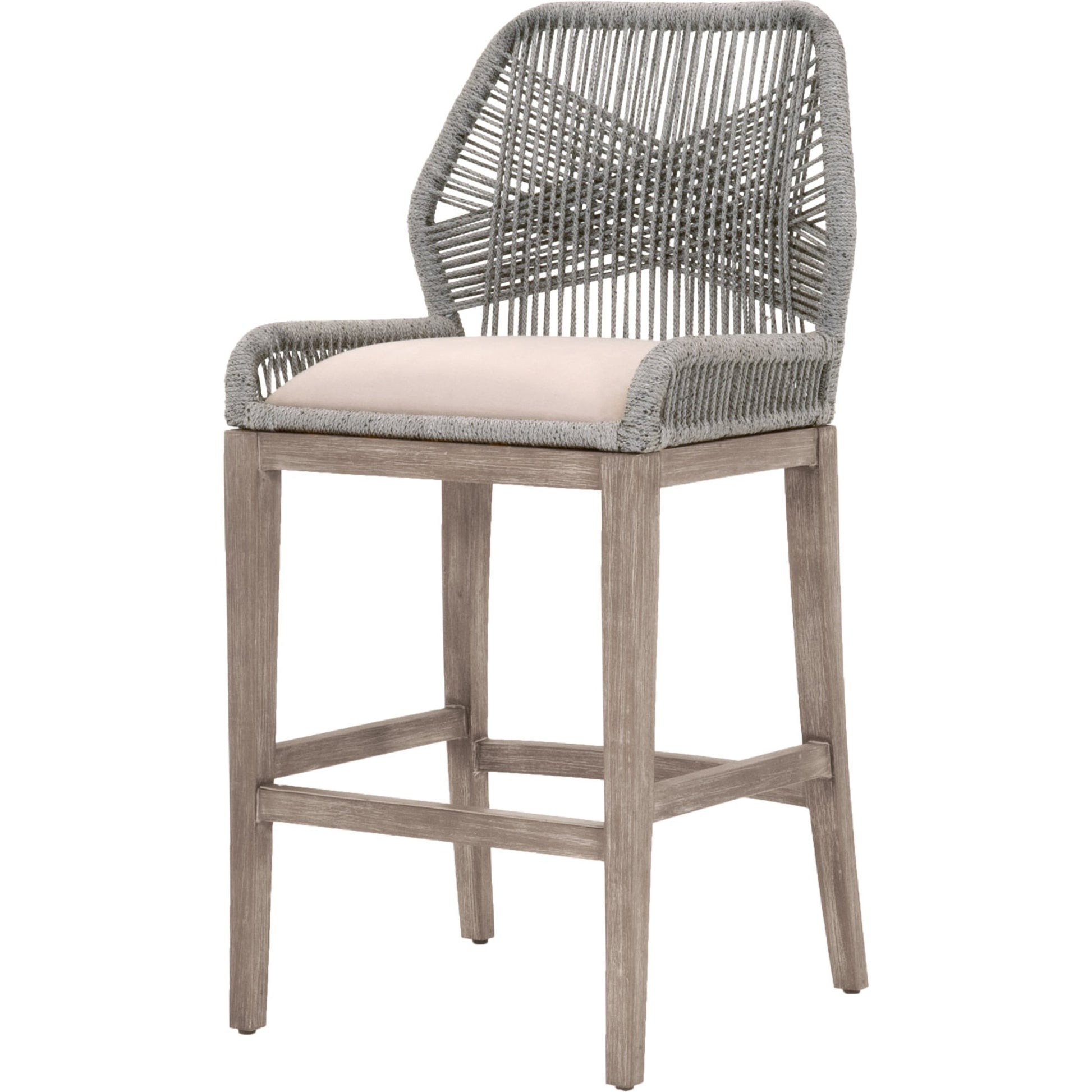 Loom Barstool by Essentials For Living in taupe, white flat rope, natural gray mahogany, pumice fabric. Made from solid mahogany, 100% olefin rope, 100% olefin fabric in a coastal style.