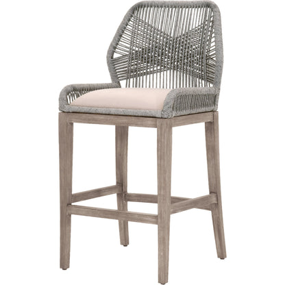 Loom Barstool by Essentials For Living in taupe, white flat rope, natural gray mahogany, pumice fabric. Made from solid mahogany, 100% olefin rope, 100% olefin fabric in a coastal style.