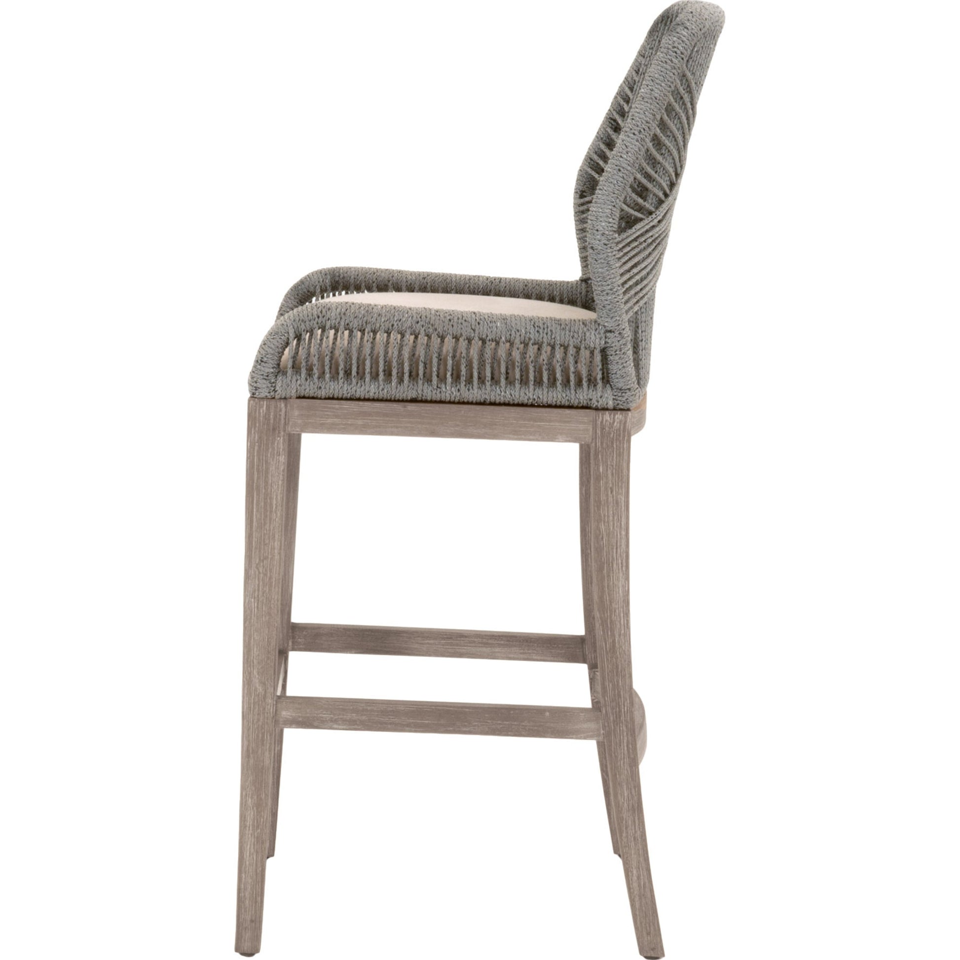 Loom Barstool by Essentials For Living in taupe, white flat rope, natural gray mahogany, pumice fabric. Made from solid mahogany, 100% olefin rope, 100% olefin fabric in a coastal style.