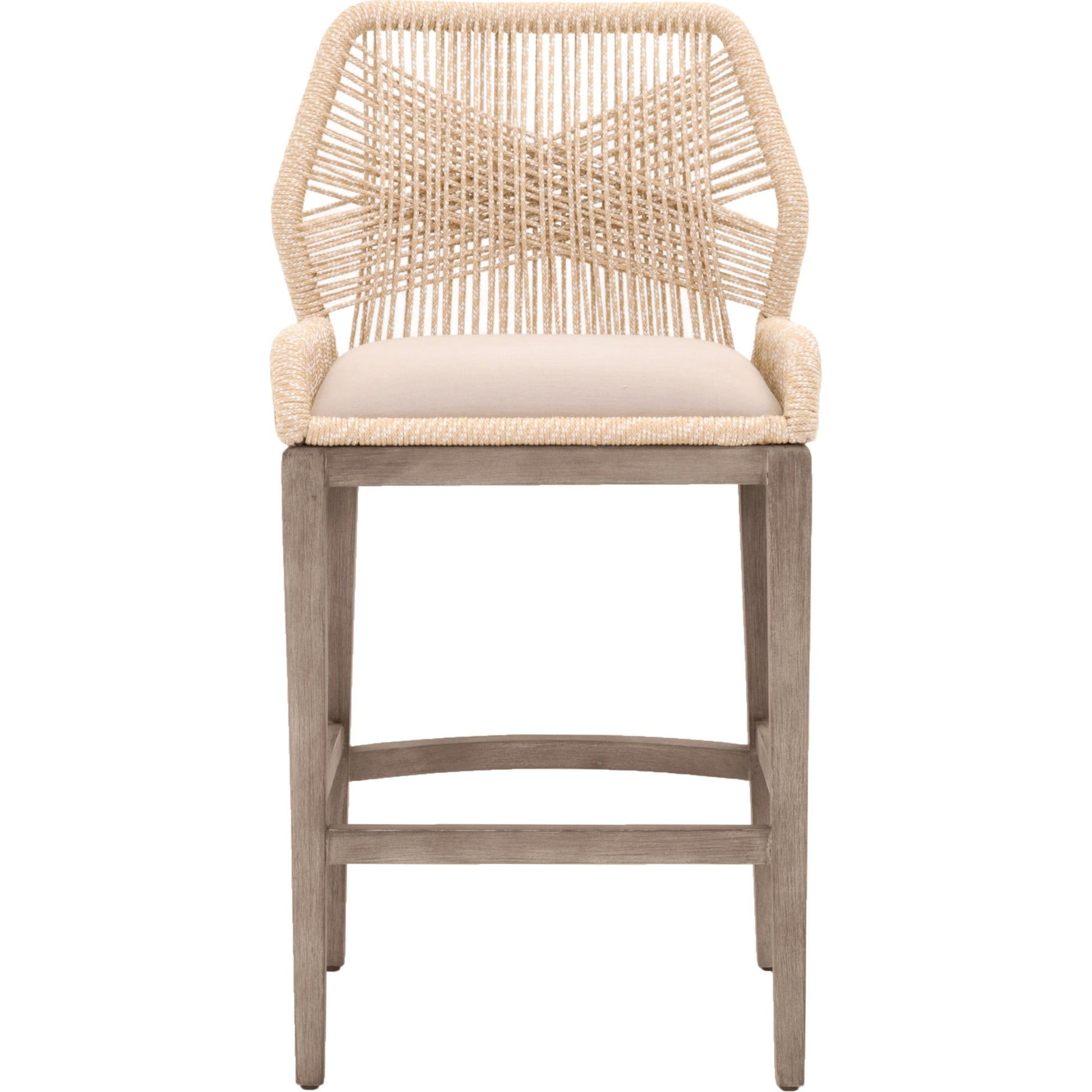 Loom Barstool by Essentials For Living in taupe, white flat rope, natural gray mahogany, pumice fabric. Made from solid mahogany, 100% olefin rope, 100% olefin fabric in a coastal style.