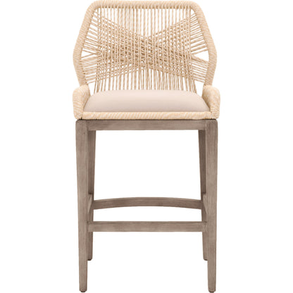 Loom Barstool by Essentials For Living in taupe, white flat rope, natural gray mahogany, pumice fabric. Made from solid mahogany, 100% olefin rope, 100% olefin fabric in a coastal style.