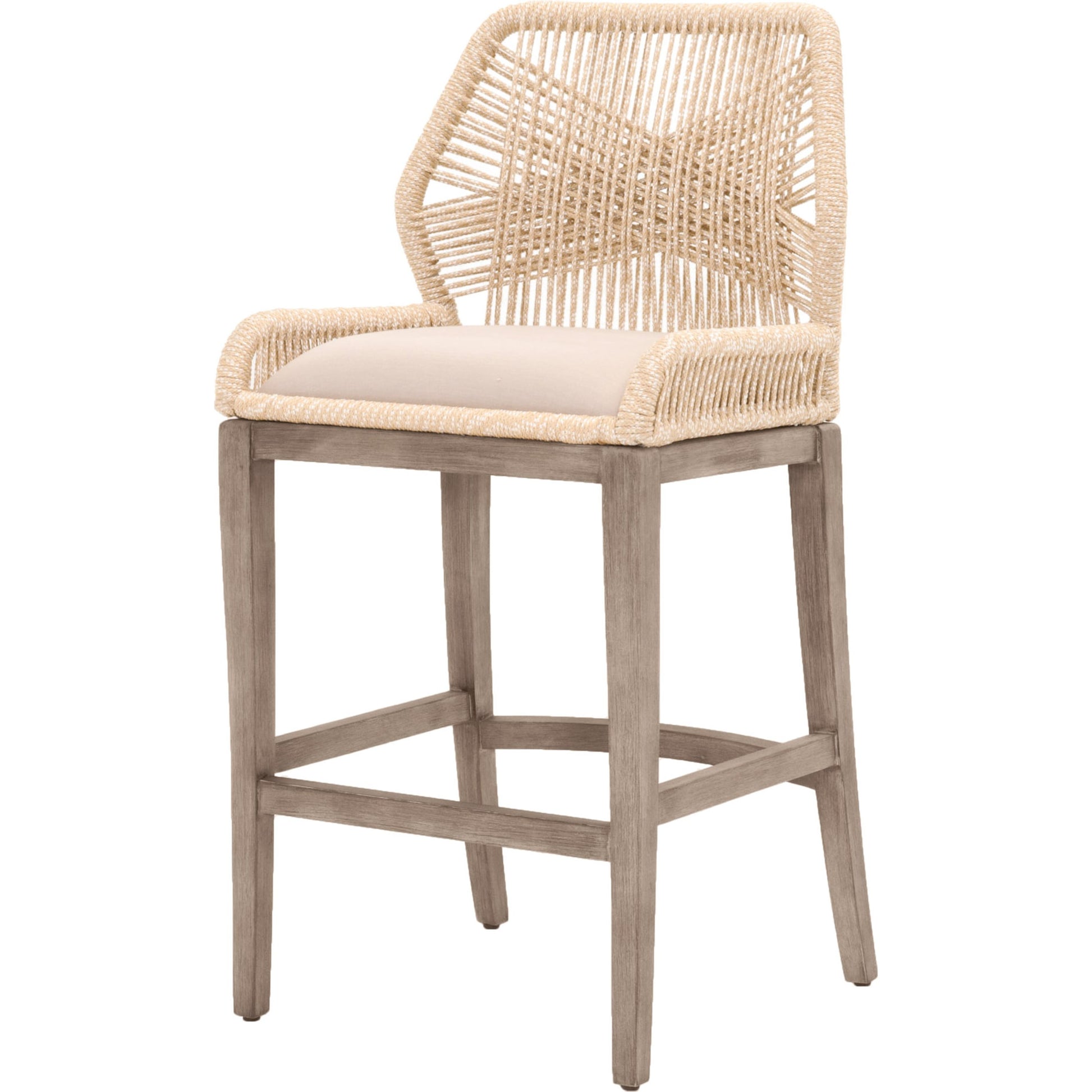 Loom Barstool by Essentials For Living in taupe, white flat rope, natural gray mahogany, pumice fabric. Made from solid mahogany, 100% olefin rope, 100% olefin fabric in a coastal style.