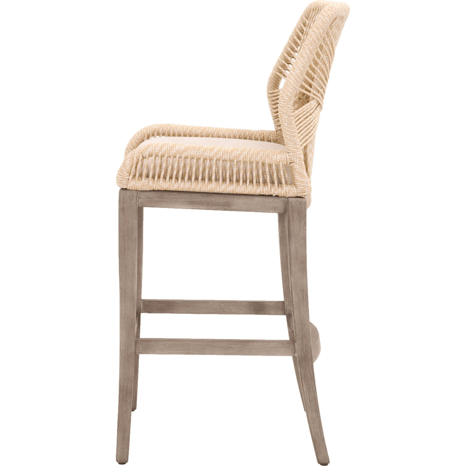 Loom Barstool by Essentials For Living in taupe, white flat rope, natural gray mahogany, pumice fabric. Made from solid mahogany, 100% olefin rope, 100% olefin fabric in a coastal style.