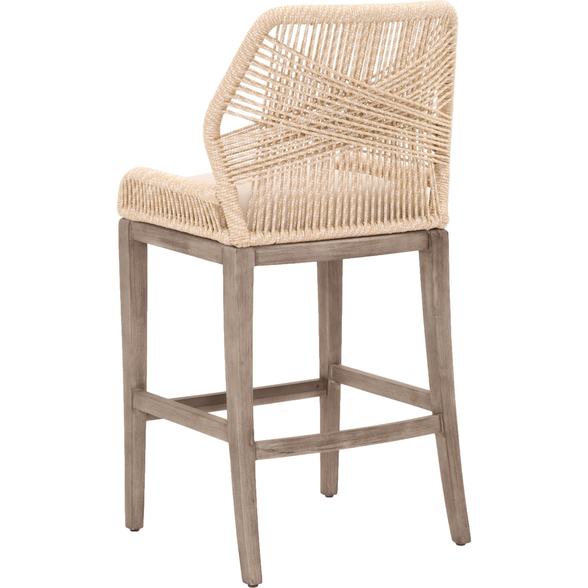Loom Barstool by Essentials For Living in taupe, white flat rope, natural gray mahogany, pumice fabric. Made from solid mahogany, 100% olefin rope, 100% olefin fabric in a coastal style.