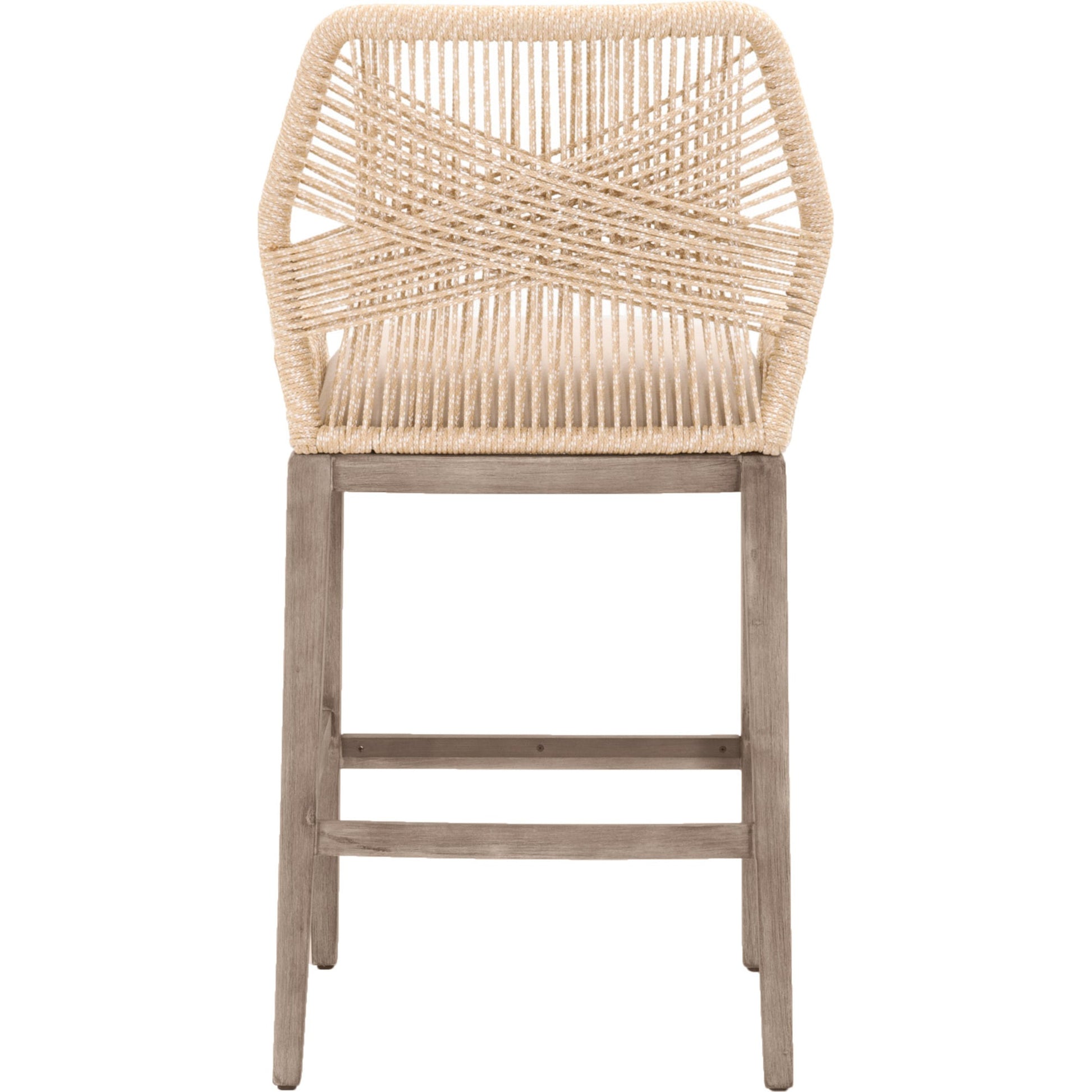 Loom Barstool by Essentials For Living in taupe, white flat rope, natural gray mahogany, pumice fabric. Made from solid mahogany, 100% olefin rope, 100% olefin fabric in a coastal style.