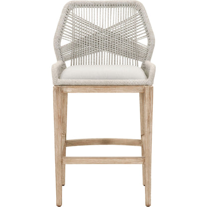 Loom Barstool by Essentials For Living in taupe, white flat rope, natural gray mahogany, pumice fabric. Made from solid mahogany, 100% olefin rope, 100% olefin fabric in a coastal style.