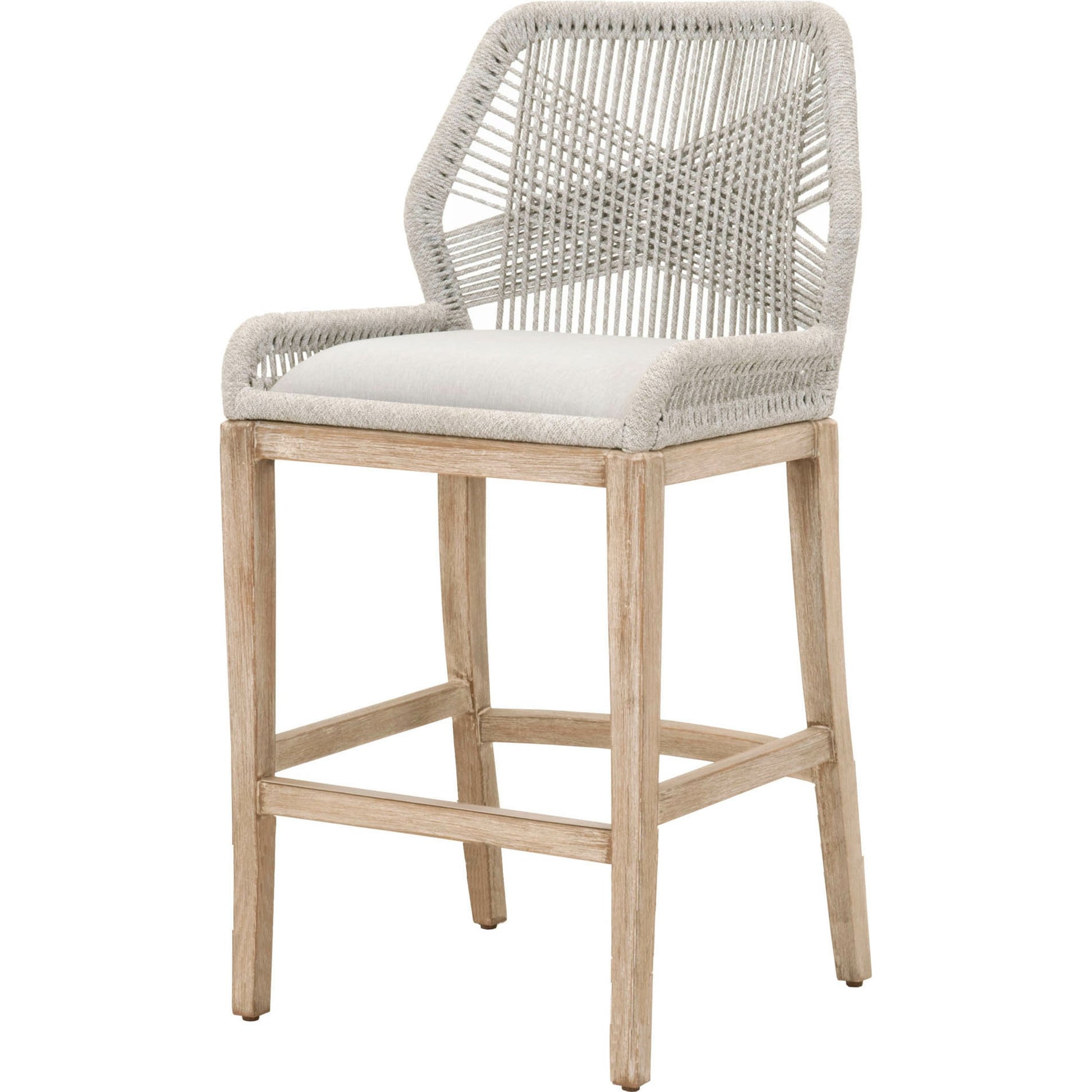 Loom Barstool by Essentials For Living in taupe, white flat rope, natural gray mahogany, pumice fabric. Made from solid mahogany, 100% olefin rope, 100% olefin fabric in a coastal style.