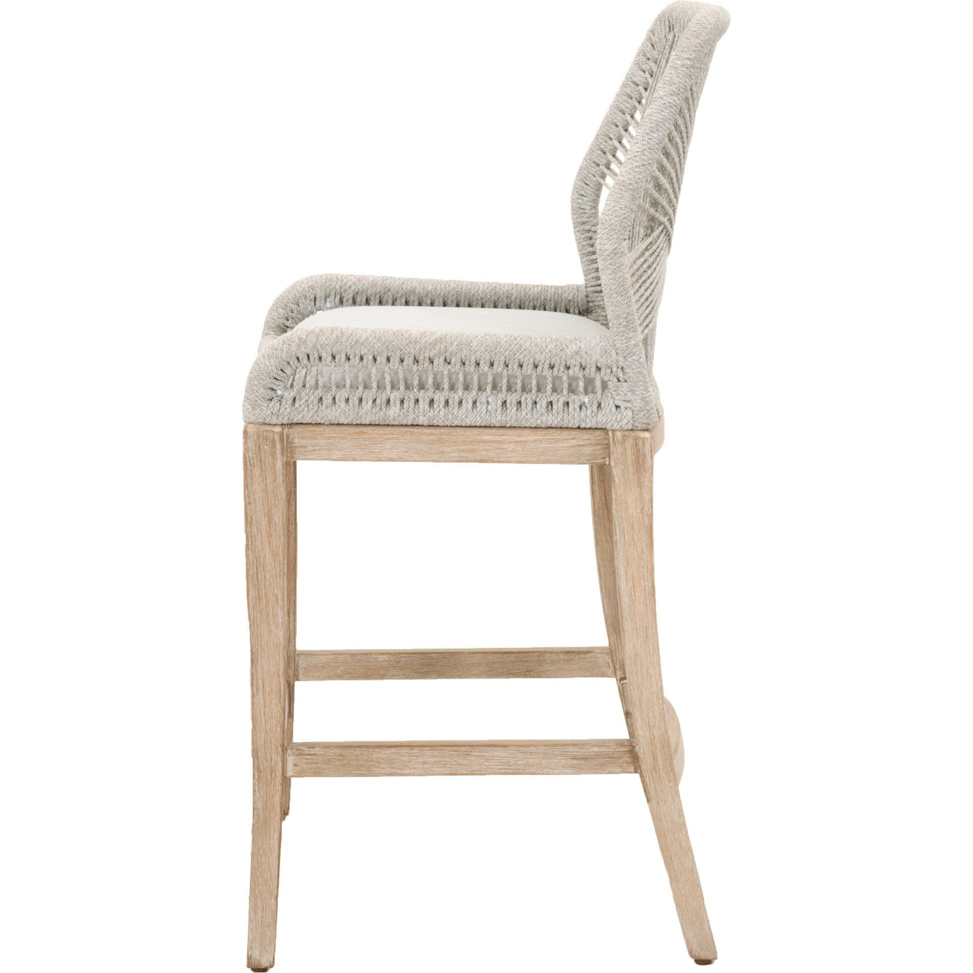 Loom Barstool by Essentials For Living in taupe, white flat rope, natural gray mahogany, pumice fabric. Made from solid mahogany, 100% olefin rope, 100% olefin fabric in a coastal style.