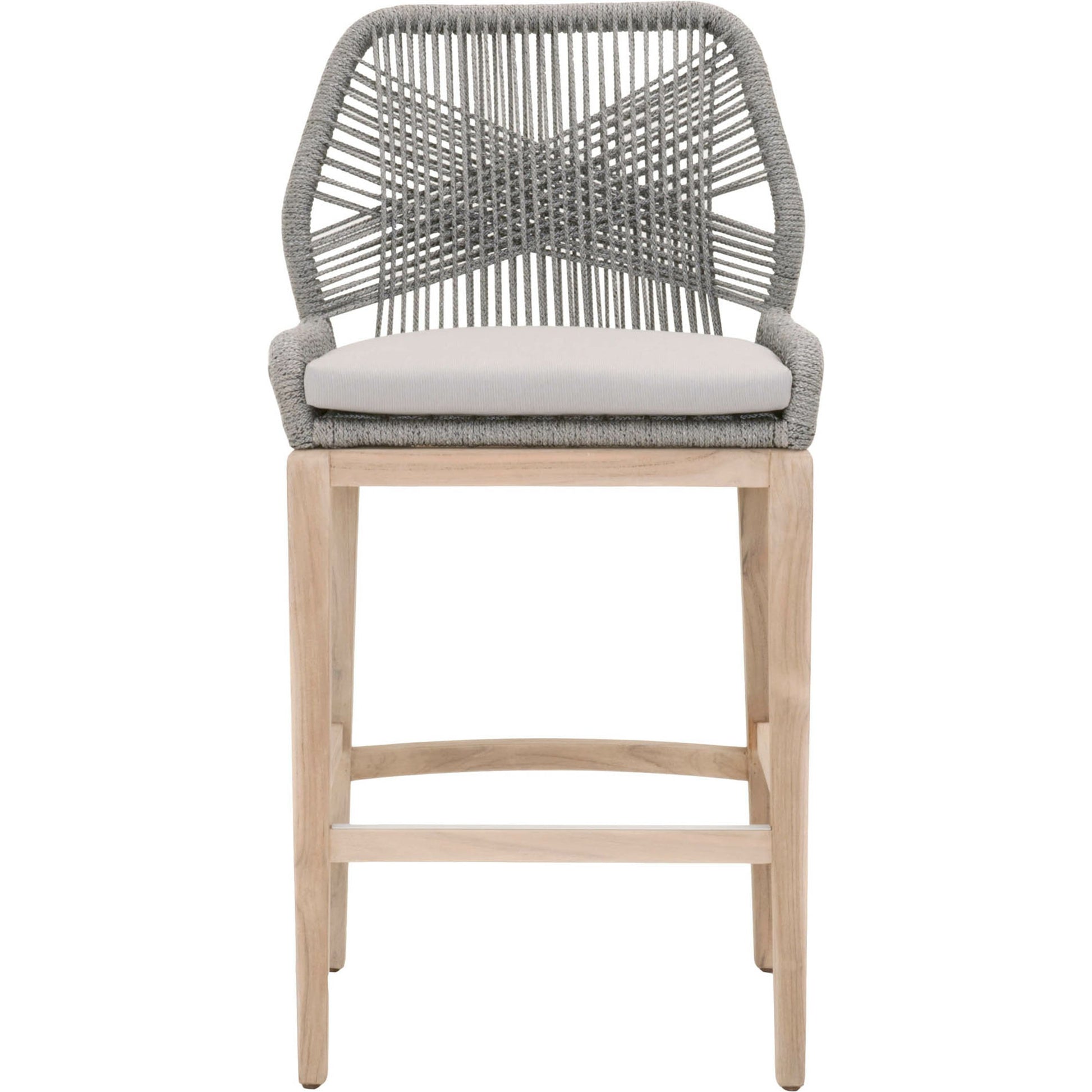Loom Barstool by Essentials For Living in taupe, white flat rope, natural gray mahogany, pumice fabric. Made from solid mahogany, 100% olefin rope, 100% olefin fabric in a coastal style.