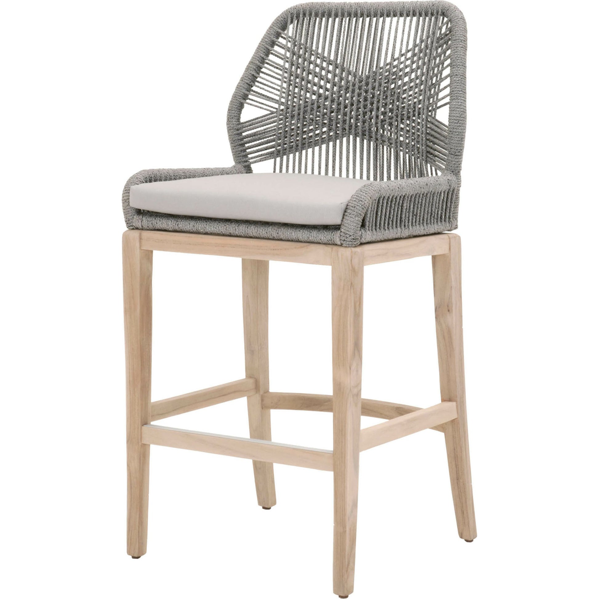 Loom Barstool by Essentials For Living in taupe, white flat rope, natural gray mahogany, pumice fabric. Made from solid mahogany, 100% olefin rope, 100% olefin fabric in a coastal style.