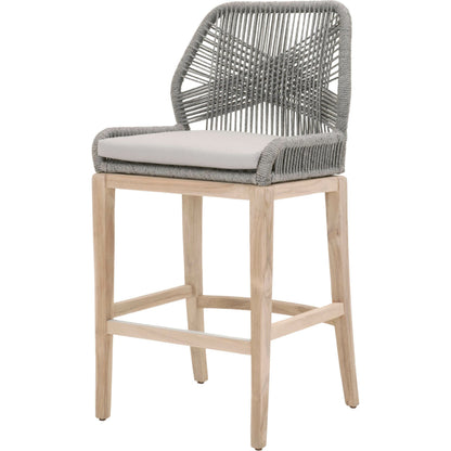 Loom Barstool by Essentials For Living in taupe, white flat rope, natural gray mahogany, pumice fabric. Made from solid mahogany, 100% olefin rope, 100% olefin fabric in a coastal style.