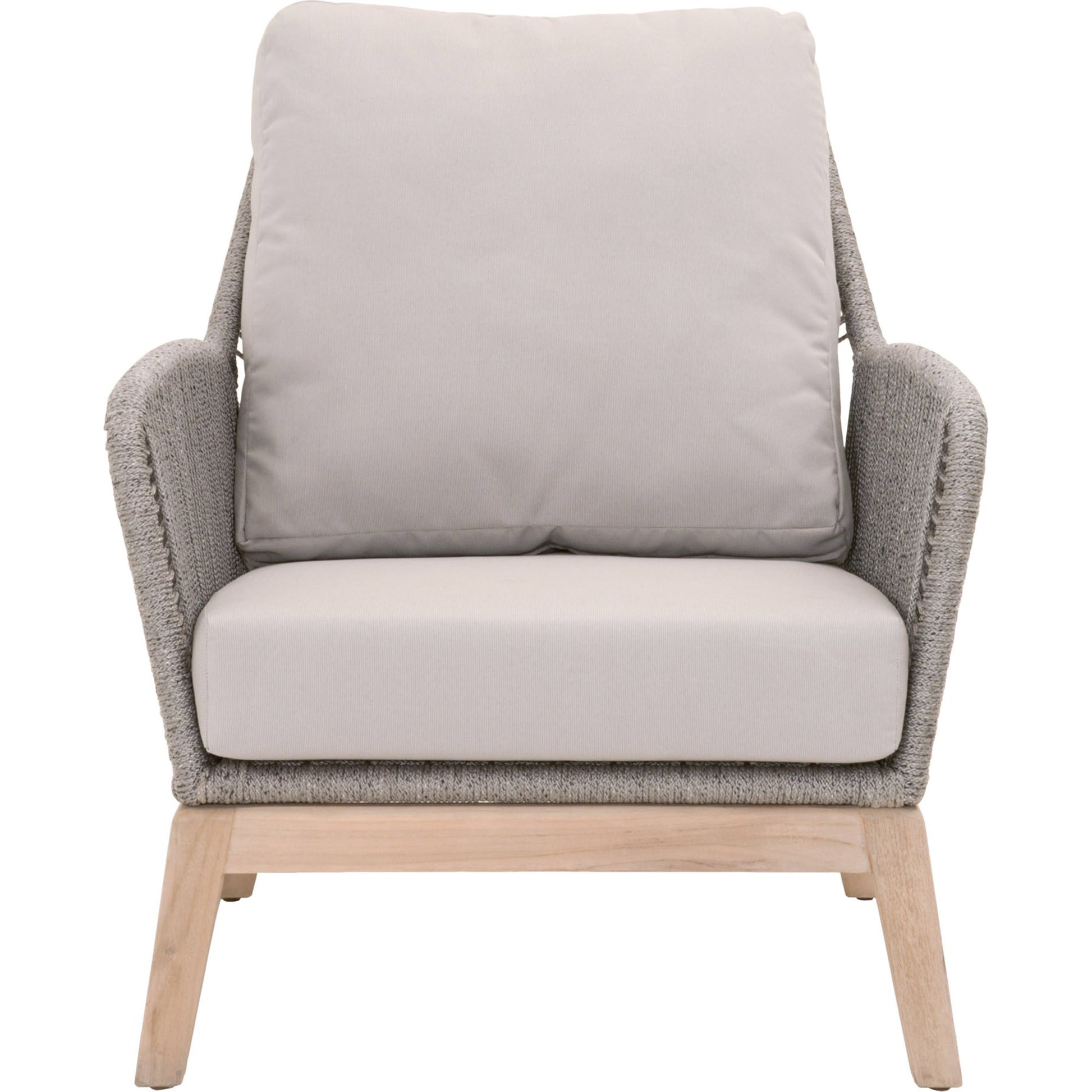 Loom Club Chair by Essentials For Living in gray teak, taupe, white flat rope, performance pumice. Made from solid teak wood, aluminum, 100% polyolefin rope, 100% olefin fabric, foam in a coastal style.