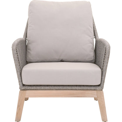 Loom Club Chair by Essentials For Living in gray teak, taupe, white flat rope, performance pumice. Made from solid teak wood, aluminum, 100% polyolefin rope, 100% olefin fabric, foam in a coastal style.