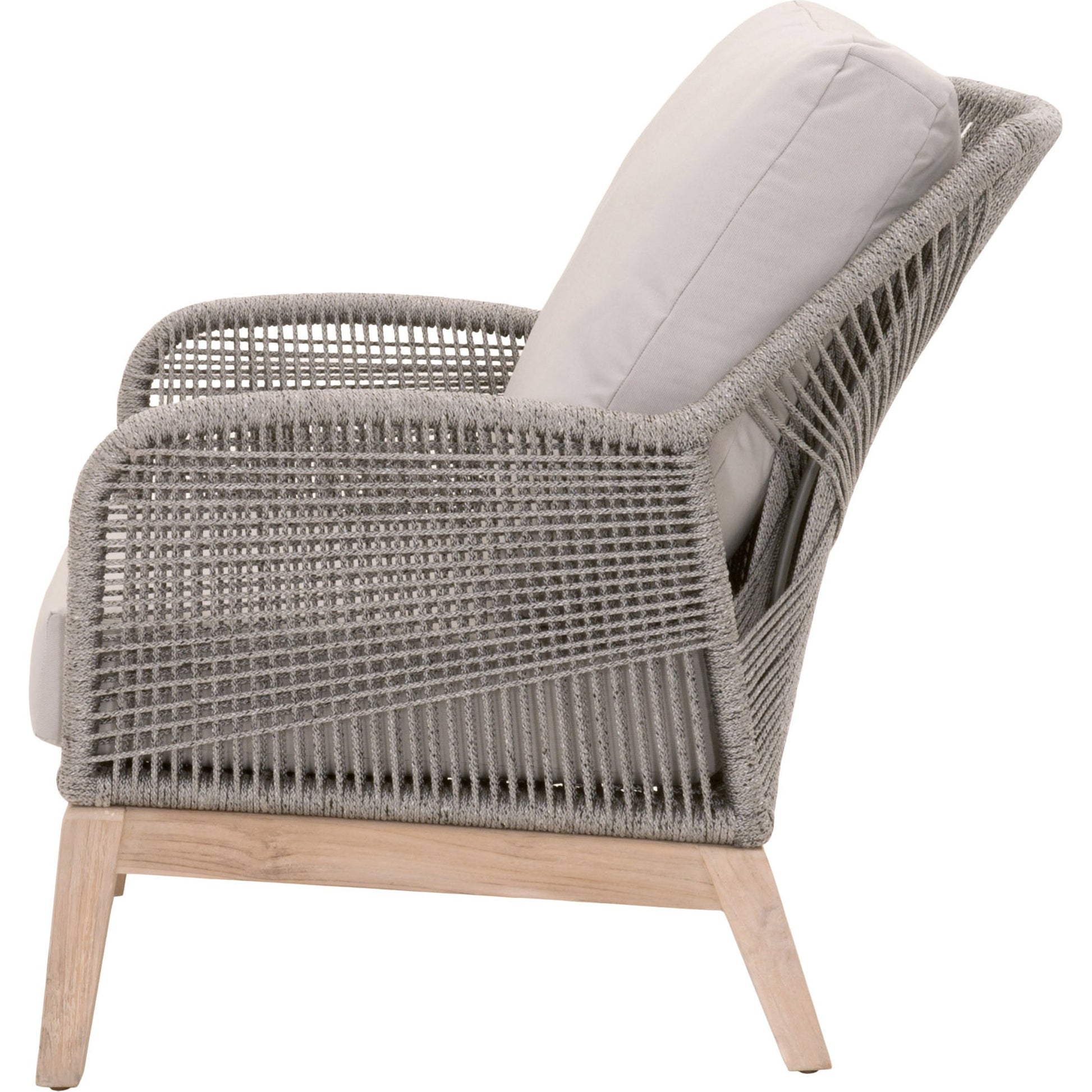 Loom Club Chair by Essentials For Living in gray teak, taupe, white flat rope, performance pumice. Made from solid teak wood, aluminum, 100% polyolefin rope, 100% olefin fabric, foam in a coastal style.