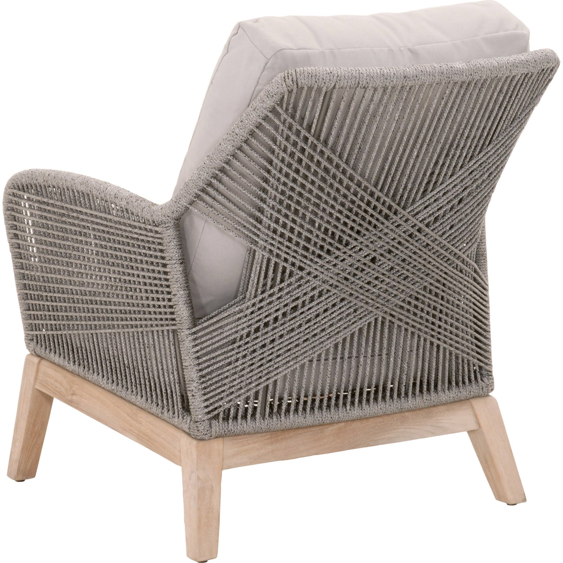Loom Club Chair by Essentials For Living in gray teak, taupe, white flat rope, performance pumice. Made from solid teak wood, aluminum, 100% polyolefin rope, 100% olefin fabric, foam in a coastal style.