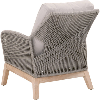 Loom Club Chair by Essentials For Living in gray teak, taupe, white flat rope, performance pumice. Made from solid teak wood, aluminum, 100% polyolefin rope, 100% olefin fabric, foam in a coastal style.