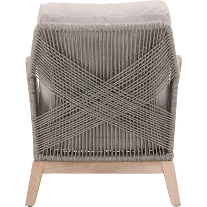 Loom Club Chair by Essentials For Living in gray teak, taupe, white flat rope, performance pumice. Made from solid teak wood, aluminum, 100% polyolefin rope, 100% olefin fabric, foam in a coastal style.