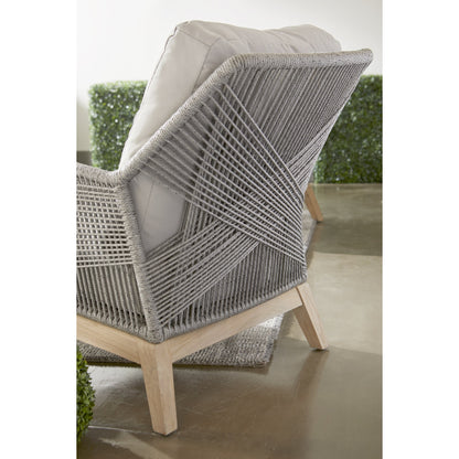 Loom Club Chair by Essentials For Living in gray teak, taupe, white flat rope, performance pumice. Made from solid teak wood, aluminum, 100% polyolefin rope, 100% olefin fabric, foam in a coastal style.