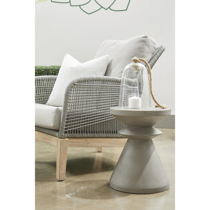 Loom Club Chair by Essentials For Living in gray teak, taupe, white flat rope, performance pumice. Made from solid teak wood, aluminum, 100% polyolefin rope, 100% olefin fabric, foam in a coastal style.