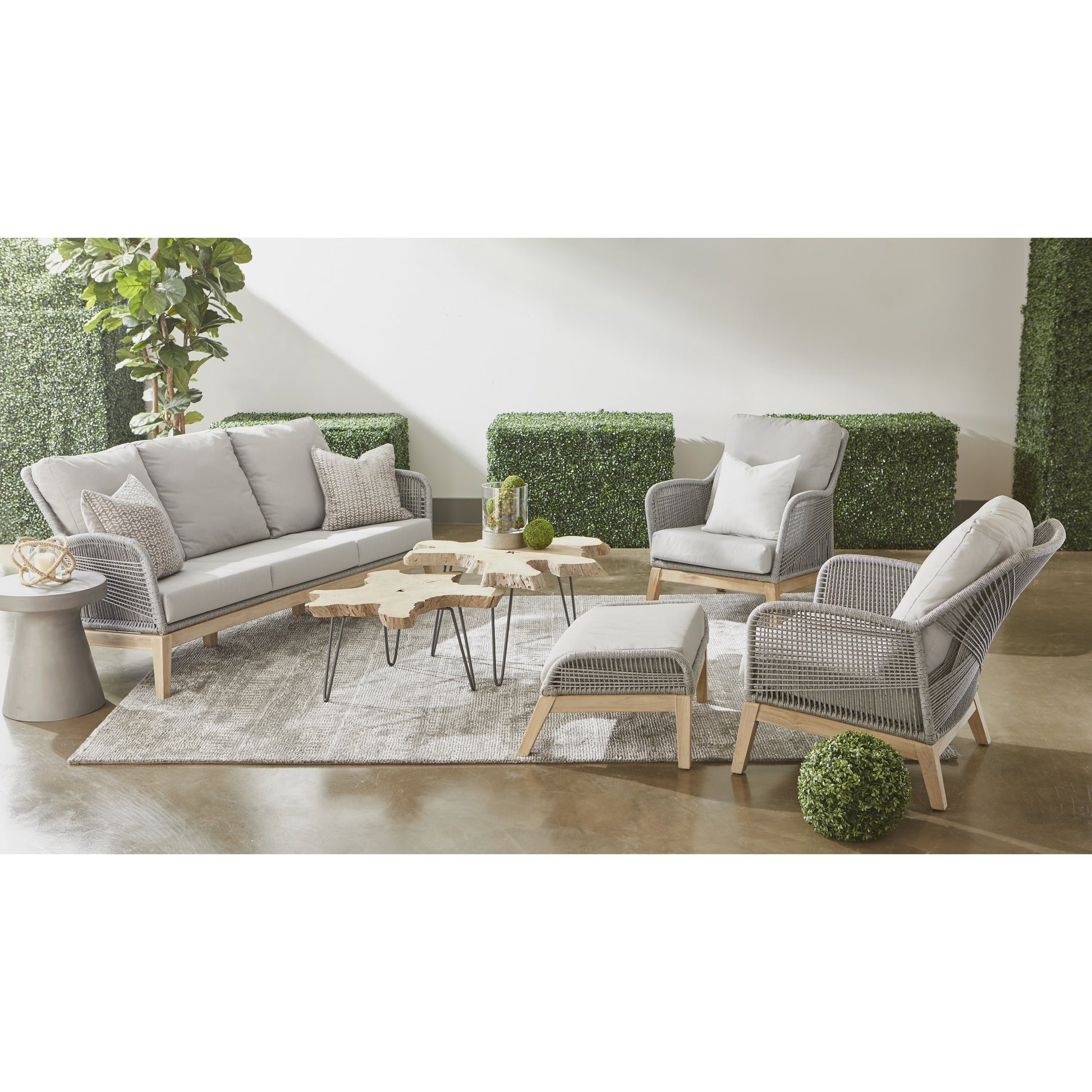 Loom Club Chair by Essentials For Living in gray teak, taupe, white flat rope, performance pumice. Made from solid teak wood, aluminum, 100% polyolefin rope, 100% olefin fabric, foam in a coastal style.