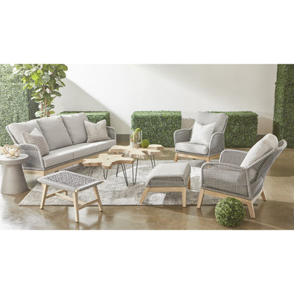 Loom Club Chair by Essentials For Living in gray teak, taupe, white flat rope, performance pumice. Made from solid teak wood, aluminum, 100% polyolefin rope, 100% olefin fabric, foam in a coastal style.