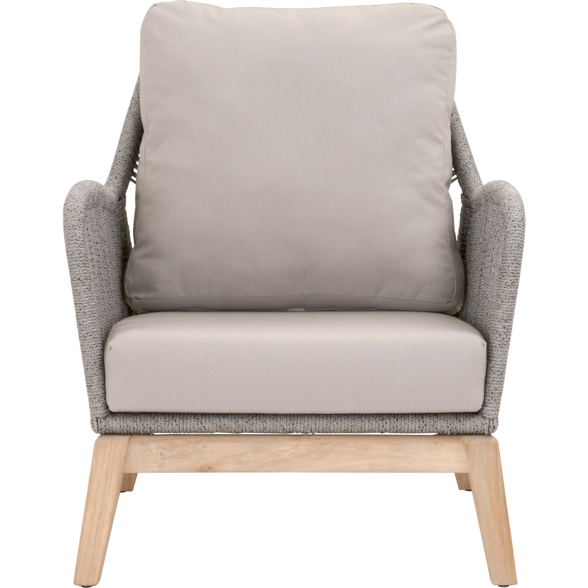 Loom Club Chair by Essentials For Living in gray teak, taupe, white flat rope, performance pumice. Made from solid teak wood, aluminum, 100% polyolefin rope, 100% olefin fabric, foam in a coastal style.