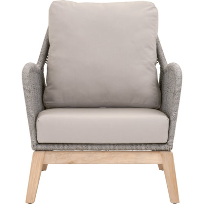 Loom Club Chair by Essentials For Living in gray teak, taupe, white flat rope, performance pumice. Made from solid teak wood, aluminum, 100% polyolefin rope, 100% olefin fabric, foam in a coastal style.