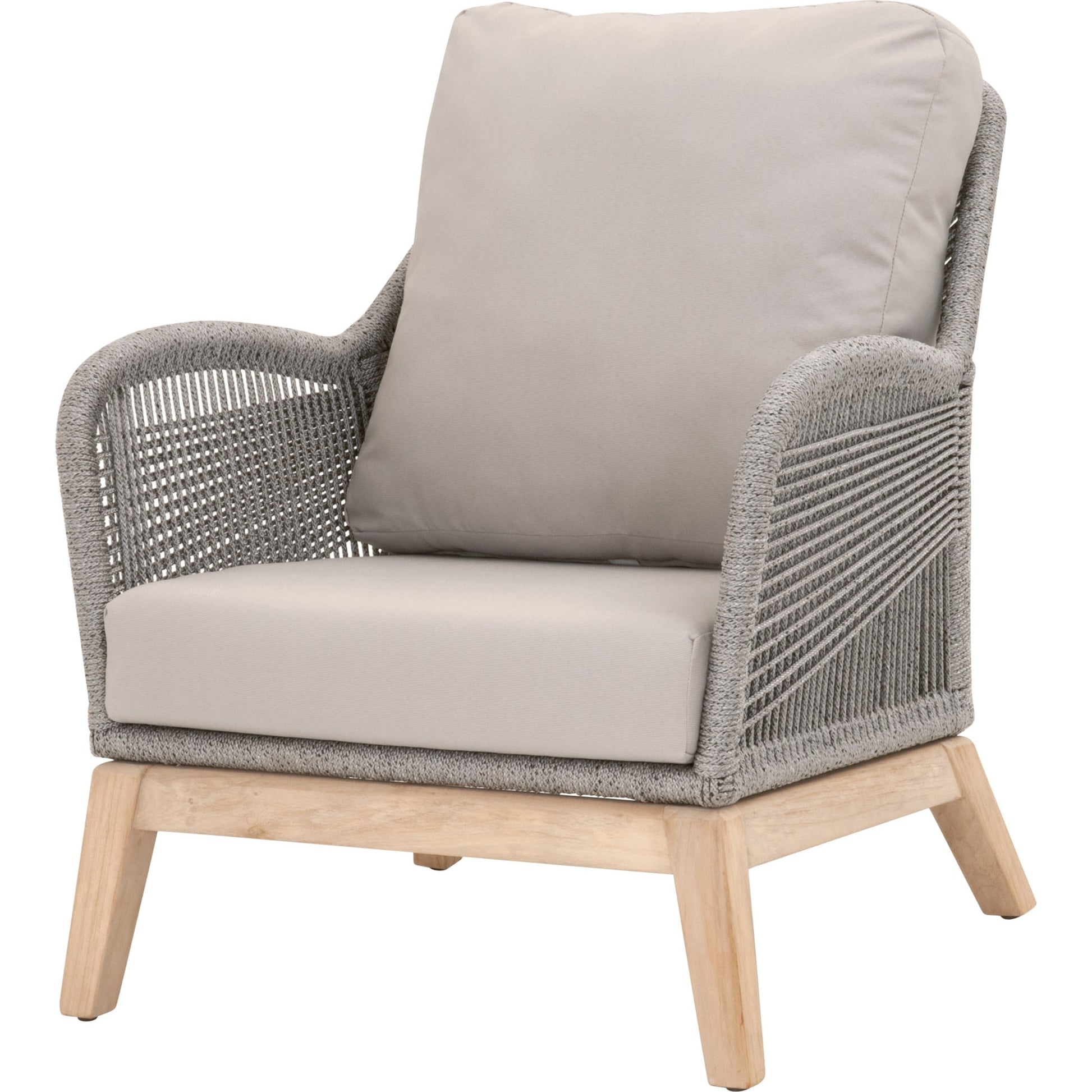 Loom Club Chair by Essentials For Living in gray teak, taupe, white flat rope, performance pumice. Made from solid teak wood, aluminum, 100% polyolefin rope, 100% olefin fabric, foam in a coastal style.