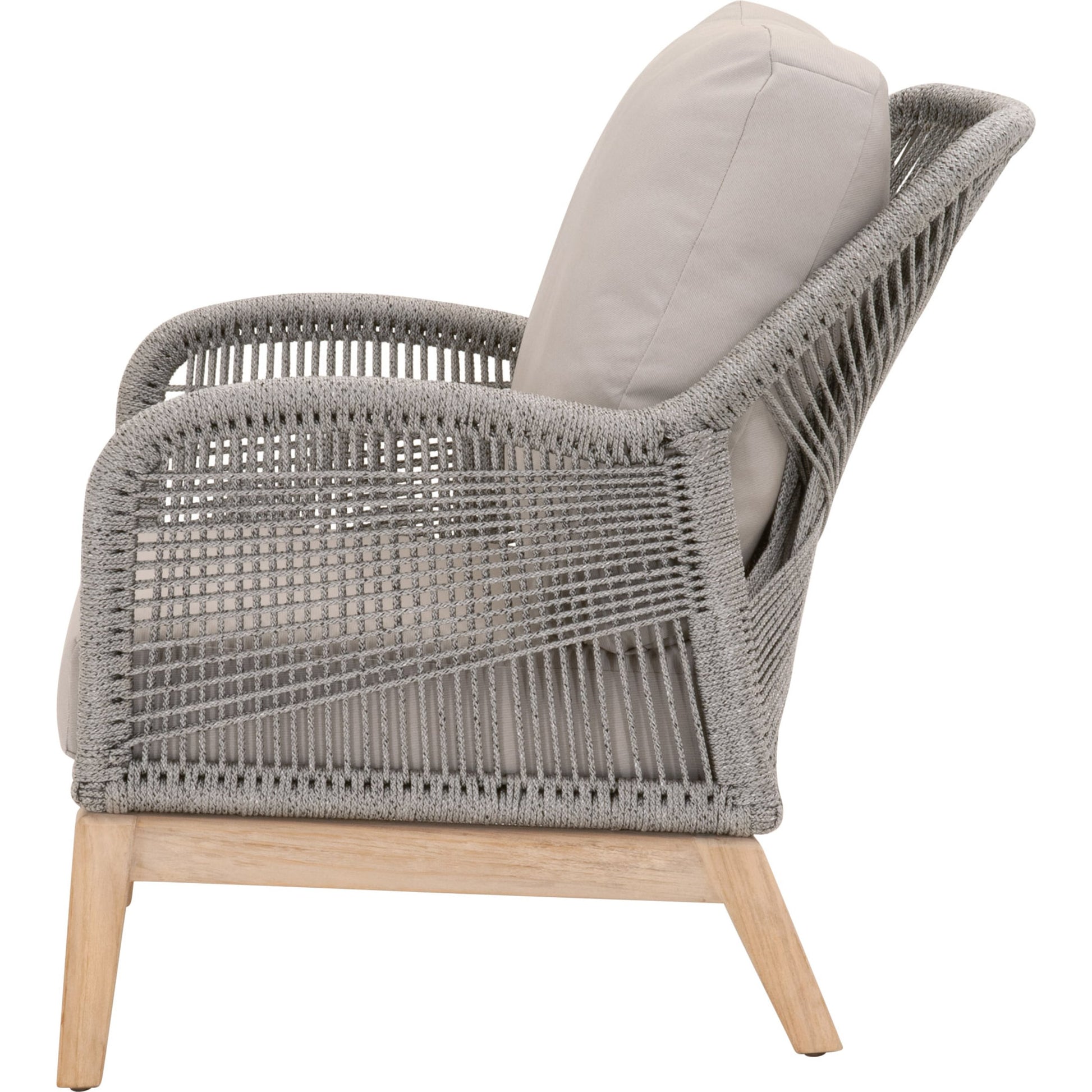 Loom Club Chair by Essentials For Living in gray teak, taupe, white flat rope, performance pumice. Made from solid teak wood, aluminum, 100% polyolefin rope, 100% olefin fabric, foam in a coastal style.
