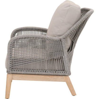 Loom Club Chair by Essentials For Living in gray teak, taupe, white flat rope, performance pumice. Made from solid teak wood, aluminum, 100% polyolefin rope, 100% olefin fabric, foam in a coastal style.
