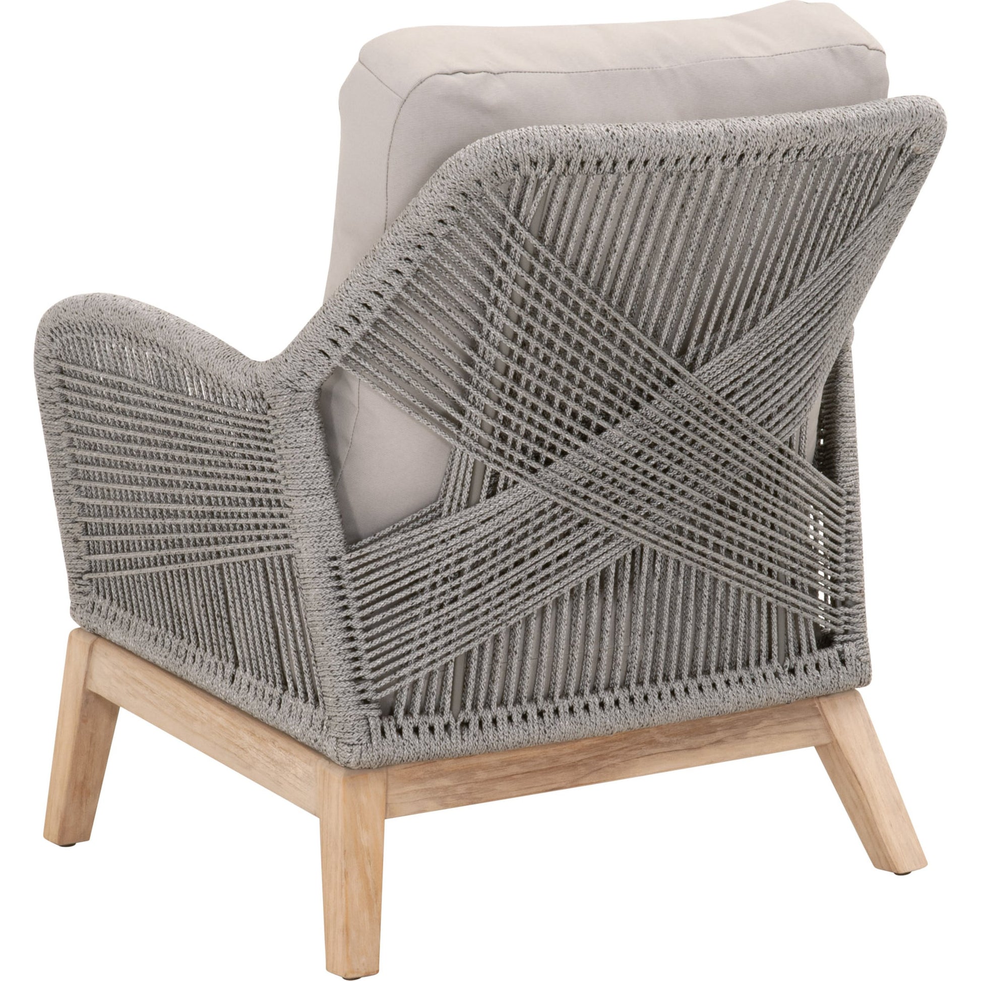 Loom Club Chair by Essentials For Living in gray teak, taupe, white flat rope, performance pumice. Made from solid teak wood, aluminum, 100% polyolefin rope, 100% olefin fabric, foam in a coastal style.